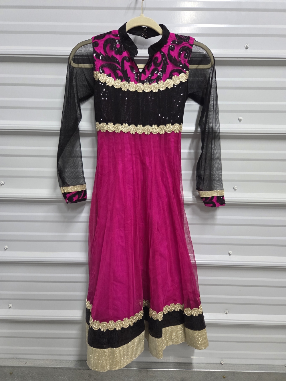 Traditional 2 Pc. Anarkali Girls Dress In Fuchia &  Black